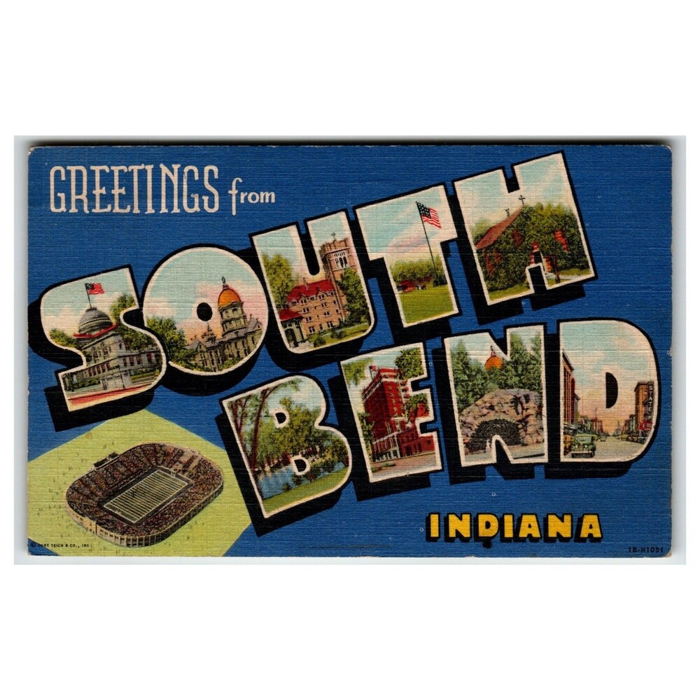 Greetings from South Bend Indiana Large Letter Postcard Notre Dame Stadium Sport